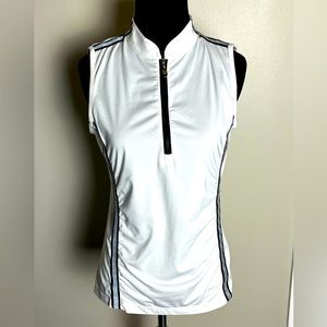 MWomen’s white gray and black PGA West cut off shirt with front zipper .